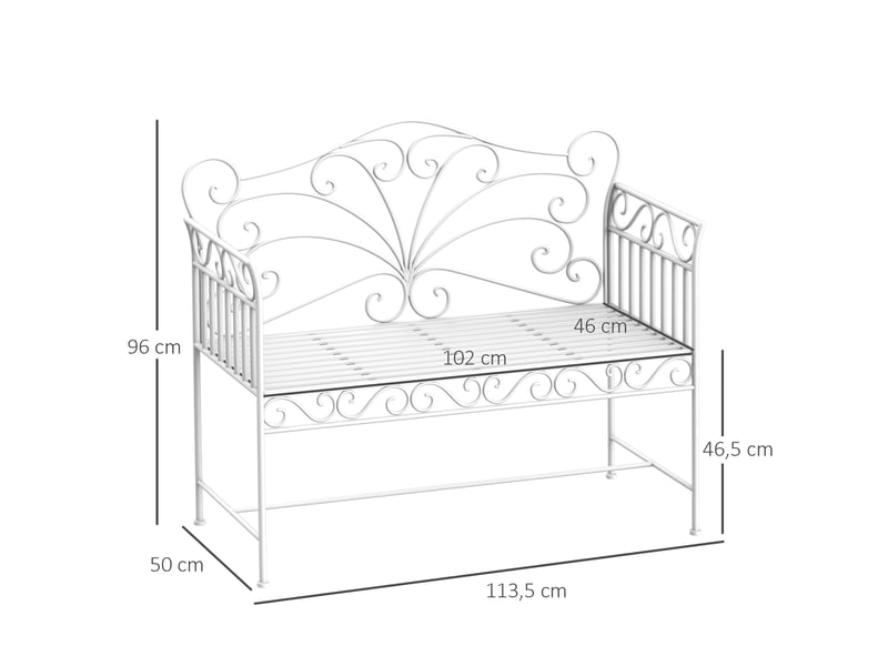 Banc de jardin robuste 2 places, banc de parc antirouille, mobilier de jardin, 111 x 50 x 98 cm, blanc  - Conforama E
