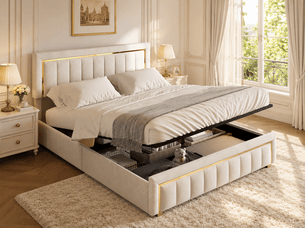 Lit coffre 140x200 - lit 2 places - avec lumière led - beige (matelas non inclus)