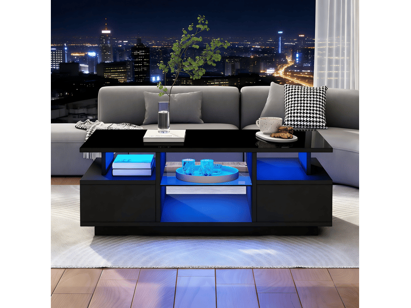  Table basse avec 2 tiroirs, rangement ouvert, led et plateau en verre pour salon en panneau de particules noir  - Conforama D