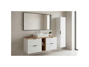 Ensemble de salle de bain noxera 140 cm – meuble suspendu blanc alpin avec plan pour vasque chêne wotan et rangements