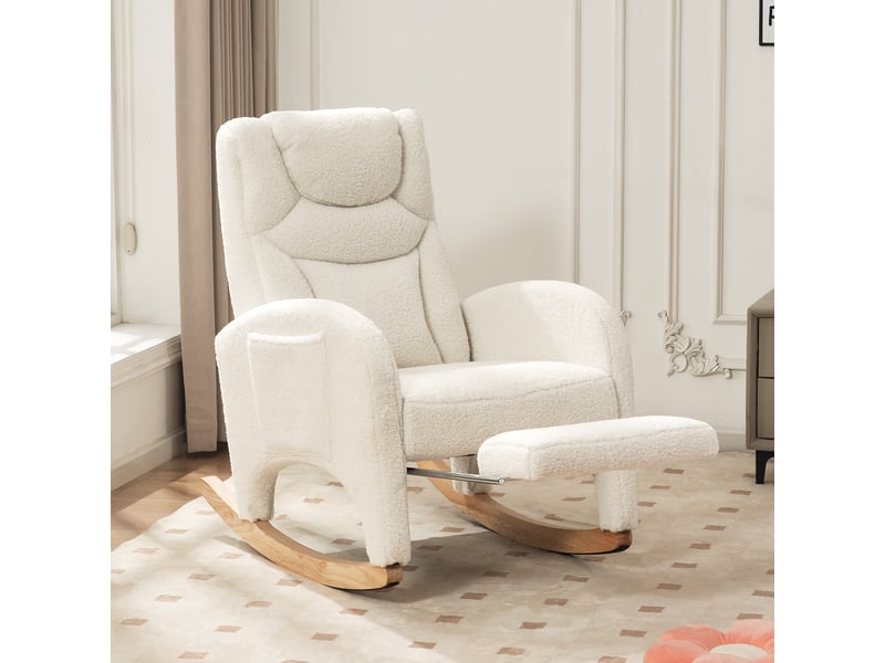  Chaise à bascule tissu teddy blanc, fauteuil relax avec accoudoirs et repose-pieds pliable, structure en bois, 66x125x101 cm, charge 110 kg  - Conforama D
