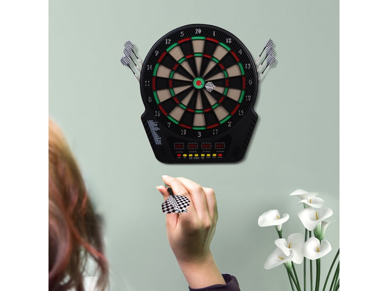 Cible fléchettes électronique 44×51,5×3,2 cm, écran led, comptage auto, sons, 6 fléchettes, 24 pointes, 27 jeux, 243 variantes, 16 joueurs - Conforama C