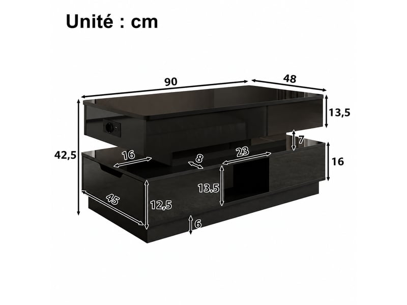  Table basse relevable noire avec rangement, led et prise intégrée, 90 x 48 cm  - Conforama C
