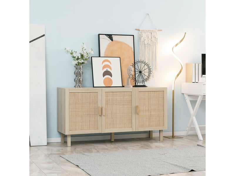  Buffet meuble de rangement placard 3 portes avec étagère réglable effet cannage 136 x 41 x 70 cm - style bohème  - Conforama D