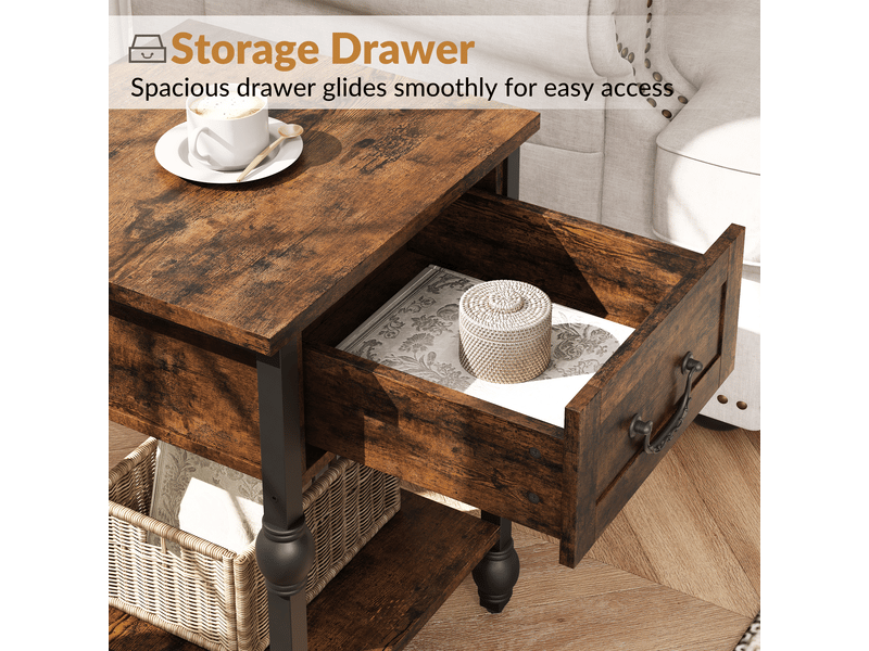  Table d'appoint industrielle tiroir, bout canapé, chevet carrée, étagère 2 niveaux, mdf métal, gain de place, rétro vintage PHO_15T6Q4A3 - Conforama C