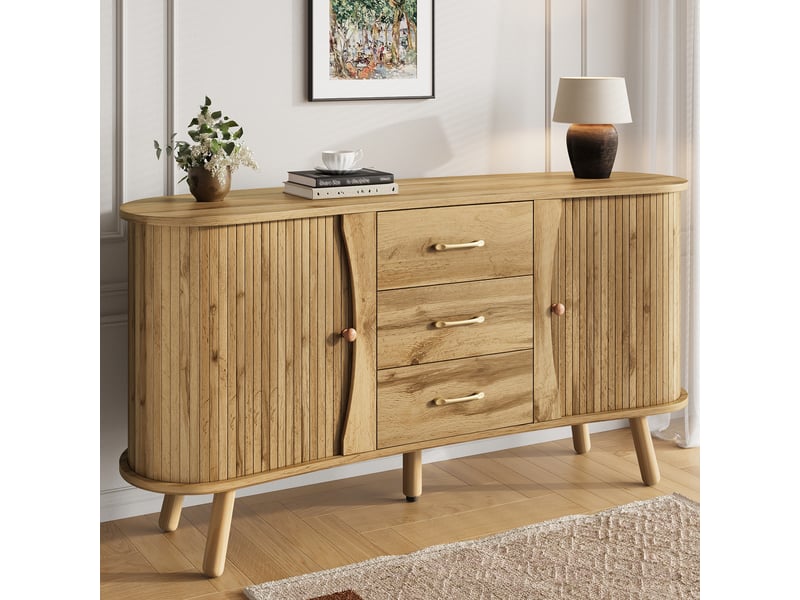 Buffet scandinave 150x36x75 cm forme haricot - 2 portes coulissantes 3 tiroirs étagères réglables pieds bois massif - naturel BUYDEEMEUS - Conforama E