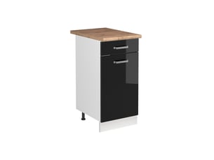 Vicco meuble bas sous-évier, noir haute brillanceblanc, 40cm plan de travail chêne doré