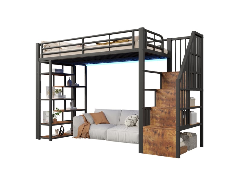  Lit surélevé 90 x 200 cm noir, marches intégrées, garde-corps, led, rangement sous lit, métal et mdf, sans matelas  - Conforama A