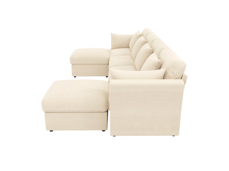  Canapé modulaire u lora beige 6 places en velours côtelé avec accoudoirs réglables et pouf amovible  - Conforama D