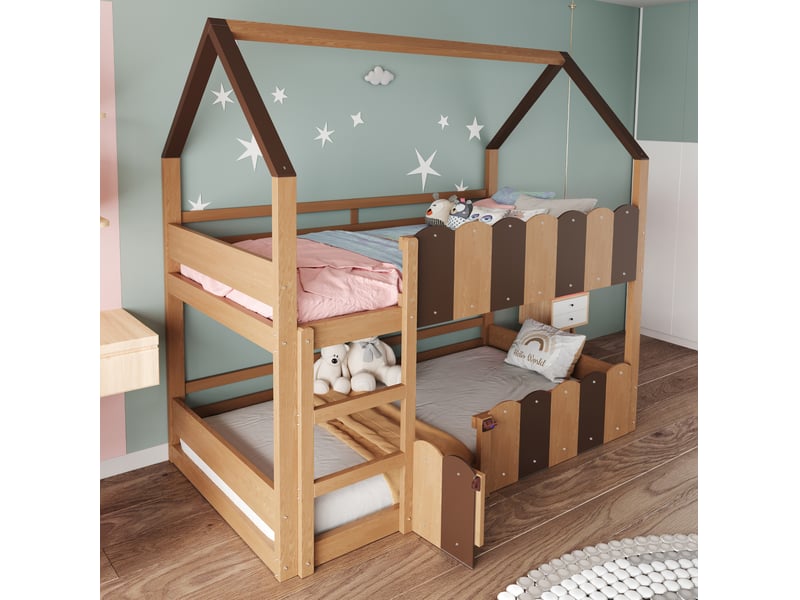  Lit superposé enfant 90x200 cm, avec forme de maison, barrières surélevées, un seul sommier, bois naturel, sans matelas  - Conforama E
