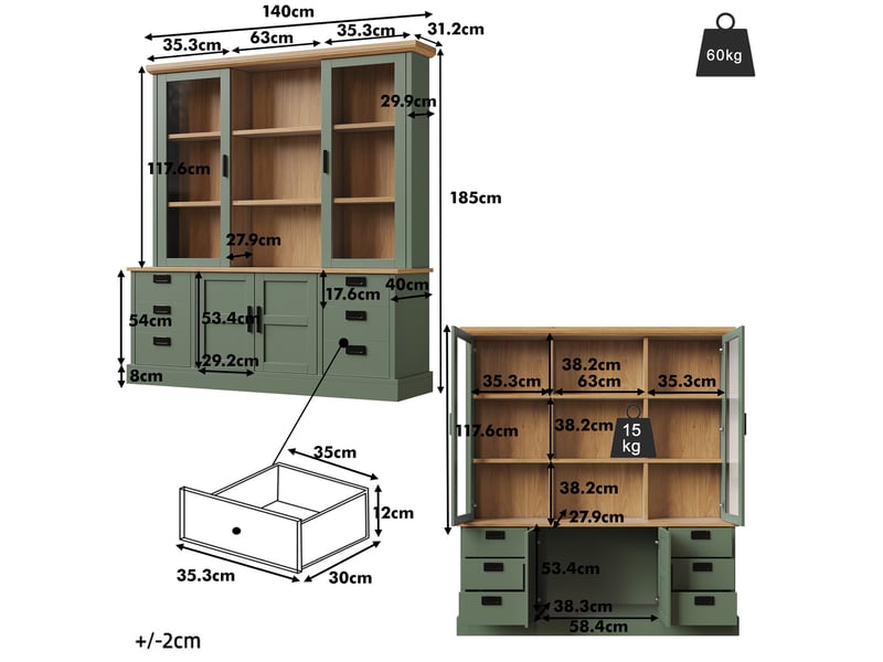  Buffet haut de 140x40x185 cm, vaisselier avec 6 tiroirs, portes doubles, étagères réglables et anti-basculement, vert foncé ABC - Conforama C
