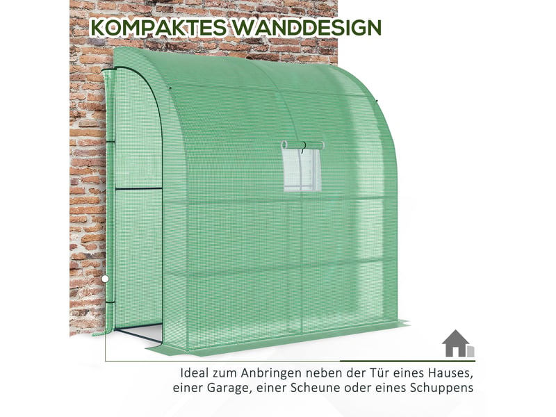 Serre adossée en film - dimensions - 2 portes roulantes avec fermeture éclair - protection uv 200x100x215cm - Conforama E