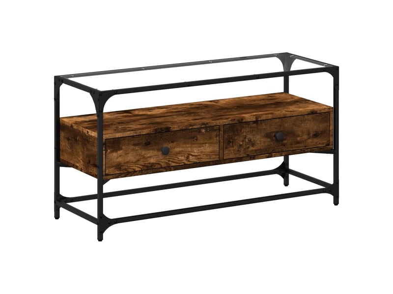  Meuble tv - banc tv - meuble de rangement avec dessus en verre chêne fumé bois d'ingénierie  - Conforama A