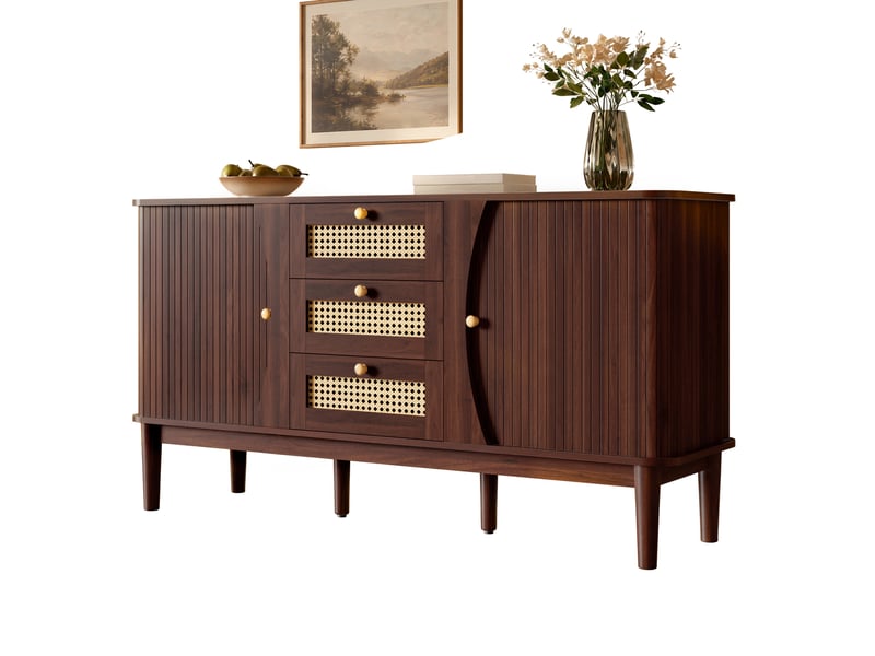  Buffet bas 141 cm à portes coulissantes et 3 tiroirs rotin homvra  - Conforama C