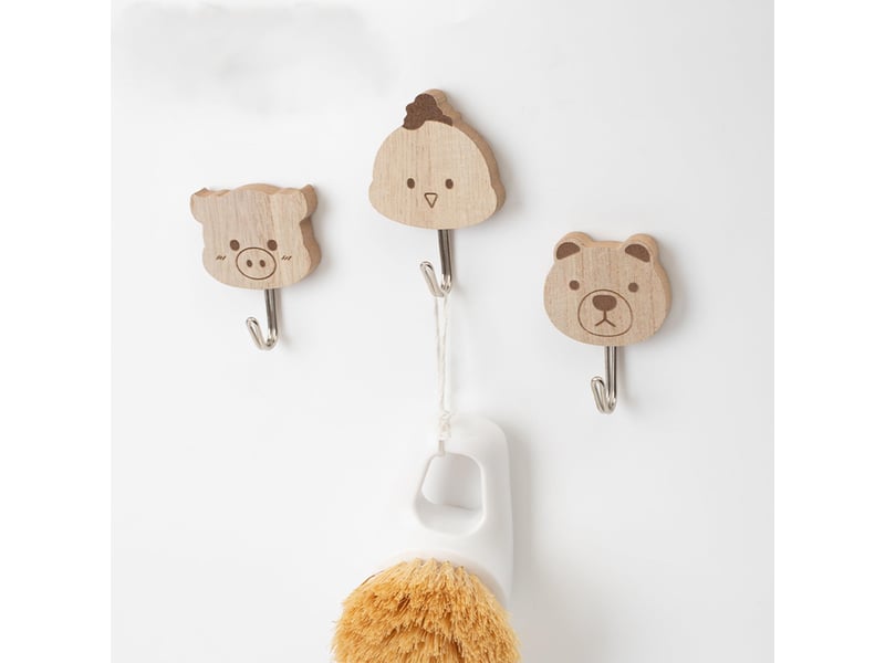  6 crochets animaux en bois, crochet adhésif sans percage, décoration enfant, chambre salle de bain cuisine, idéal pour sacs à dos, robe, marron  - Conforama C