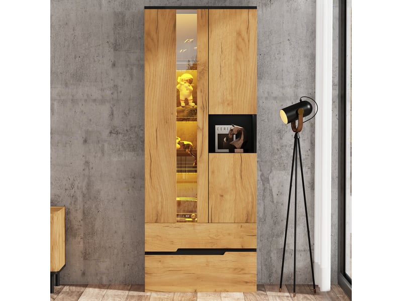 Vitrine 70x35x180 cm, meuble vitrine avec éclairage led, 3 portes et 2 tiroirs, design bois et noir, armoire de rangement moderne pour salon - Conforama C