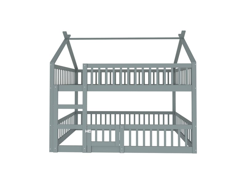 Lit superpose cabane 140x200, structure bois massif lit superposé enfant, garde-corps haut sécurité, escalier intégré, gain d'espace, couleur grise - Conforama E