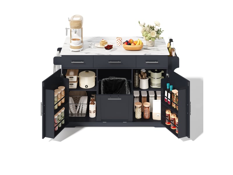  Desserte de cuisine avec 3 tiroirs, 2 portes, poubelle intégrée, prises usb et roulettes, pour cuisine et salle à manger  - Conforama A