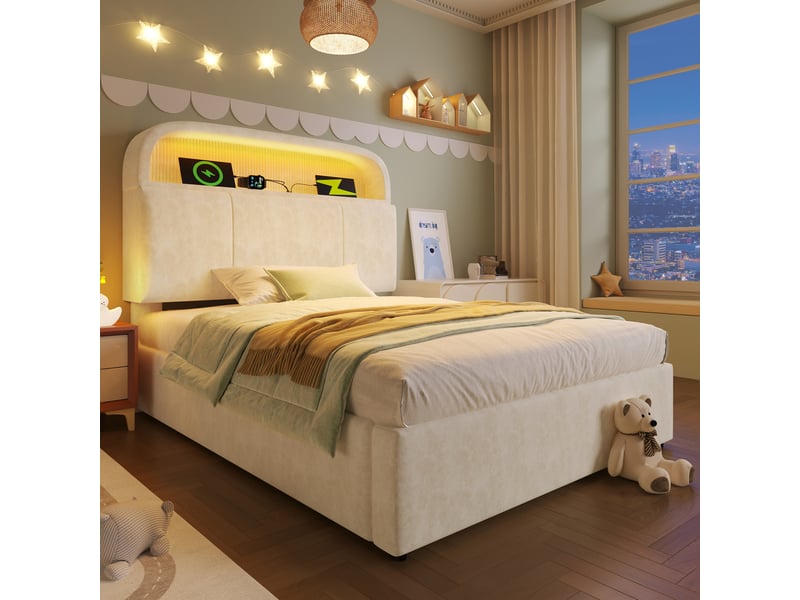  Lit coffre 90x200 cm - lit rembourré avec led, tête de lit réglable, station de charge usbtype-c, coffre hydraulique, velours beige - sans matelas  - Conforama B