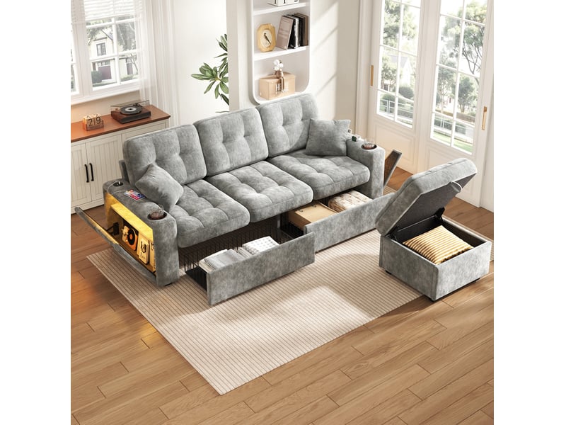  Canapé 3 places 194,5x133x83 cm avec rangement, usb-c, led, tiroirs à roulettes, pouf de rangement, chenille gris  - Conforama B