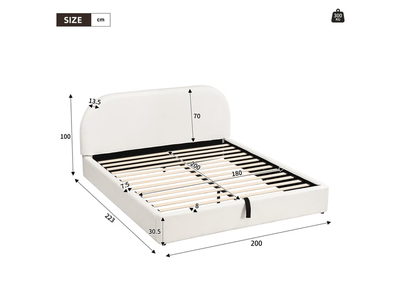  Elvmi lit coffre double 180x200 cm en bouclé beige avec sommier à lattes et matelas inclus, coffre de rangement hydraulique, tête de lit rembourrée 13,5 cm, structure encastrée stable, housses amovibles et lavables, coins arrond…  - Conforama C