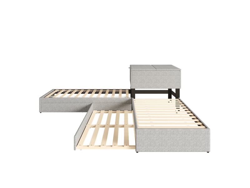  Lit d'angle, deux lits simples avec lit gigogne, lit capitonné, lit fonctionnel avec rangement, avec armoire de rangement, avec tiroir de rangement, avec lit gigogne, 90 x 200 cm, sans matelas, linge de maison, gris  - Conforama D