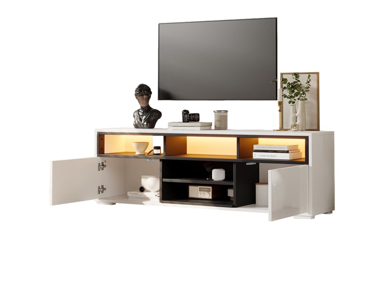  Meuble tv ulevr avec led et rangement, 150 x 35 x 50 cm, panneau de particules blanc et noir  - Conforama A