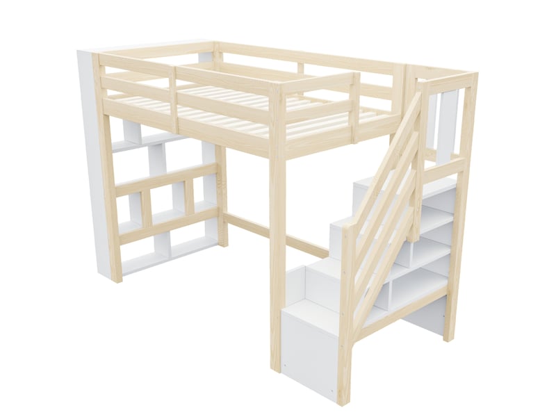  Lit mezzanine enfant 90x200 cm blanc et naturel bois, rangements, escalier et éclairage led intégré  - Conforama D