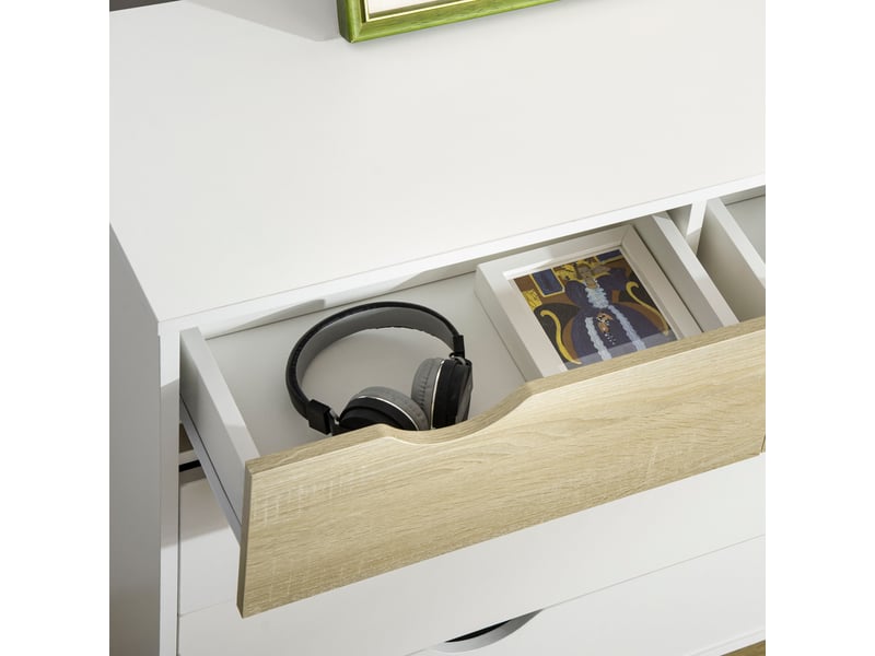  Commode 5 tiroirs design scandinave meuble de rangement chambre panneau de particules 99 x 39 x 101 cm blanc aspect chêne clair  - Conforama W