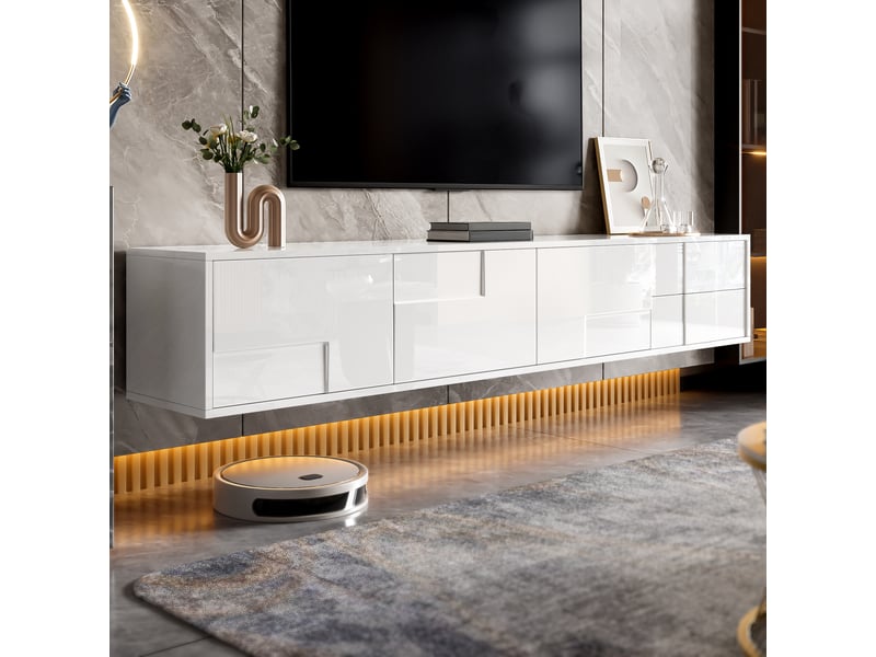  Meuble tv 170 x 30 x 30,5 cm, à poser ou suspendre, 3 portes et 2 tiroirs, façades sans poignées, blanc brillant, en mdf, rangement pour salon ABC - Conforama B