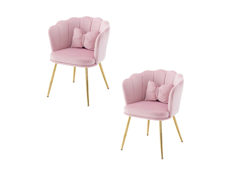 Lot de 2 fauteuils d'appoint 63x58x77 cm, dossier pétale, coussins papillon, pieds en métal doré, velours rose - Conforama A