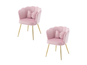Lot de 2 fauteuils d'appoint 63x58x77 cm, dossier pétale, coussins papillon, pieds en métal doré, velours rose