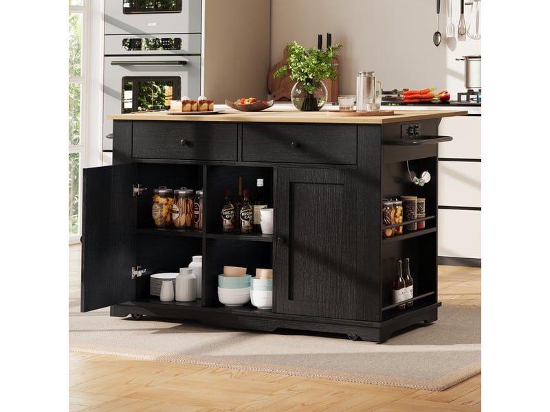  Desserte roulante,chariot de cuisine avec 2 portes,2 tiroirs,6 compartiments,plateau pliable,porte-serviettes et rangements,noir desserte noir - Conforama B