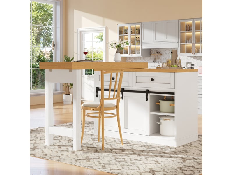  Îlot de cuisine 120-197x40x72 cm blanc et bois clair, 2 tiroirs  - Conforama D