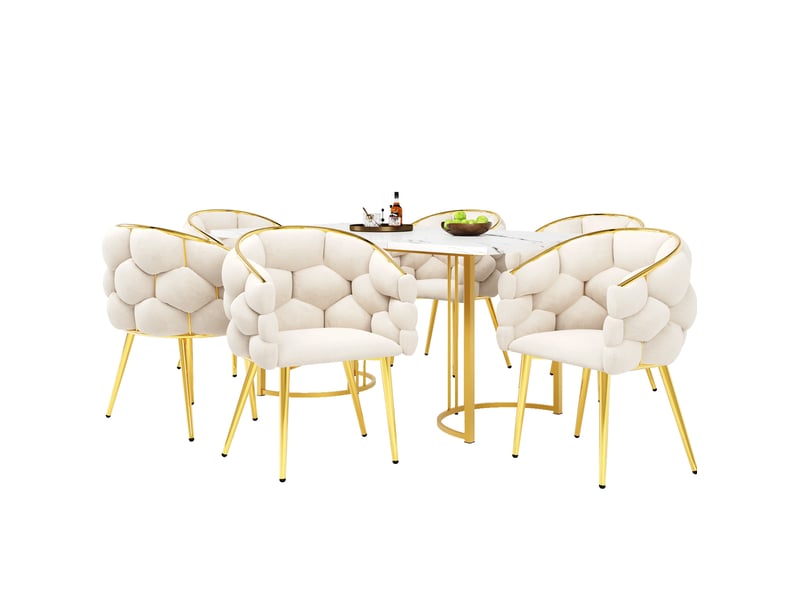  Ensemble table et chaises avec 1 table et 6 chaises, style moderne, en mdf, métal et velours beige et doré  - Conforama A