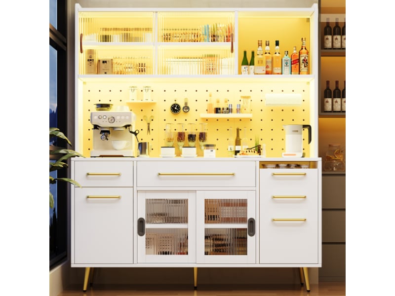 Buffet moderne led avec panneau perforé, tiroir et porte vitrée, blanc, cuisine & salon - Conforama B