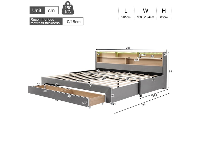  Lit banquette enfant extensible 90x200 à 180x200 cm, 2 tiroirs, velours gris  - Conforama C