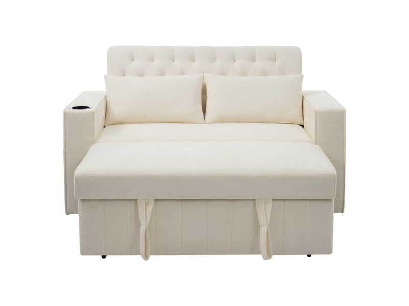  Canapé-lit multifonction lora beige avec rangement, porte-gobelet, usb, coussins et fonction couchage  - Conforama A