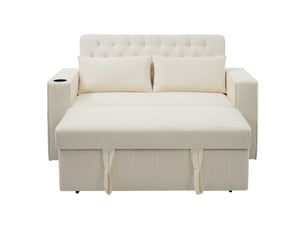 Canapé-lit multifonction lora beige avec rangement, porte-gobelet, usb, coussins et fonction couchage