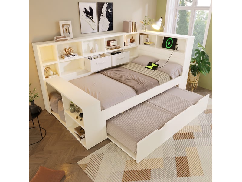 Lit 90x190 cm blanc avec lit gigogne, rangements et prises usb - Conforama B