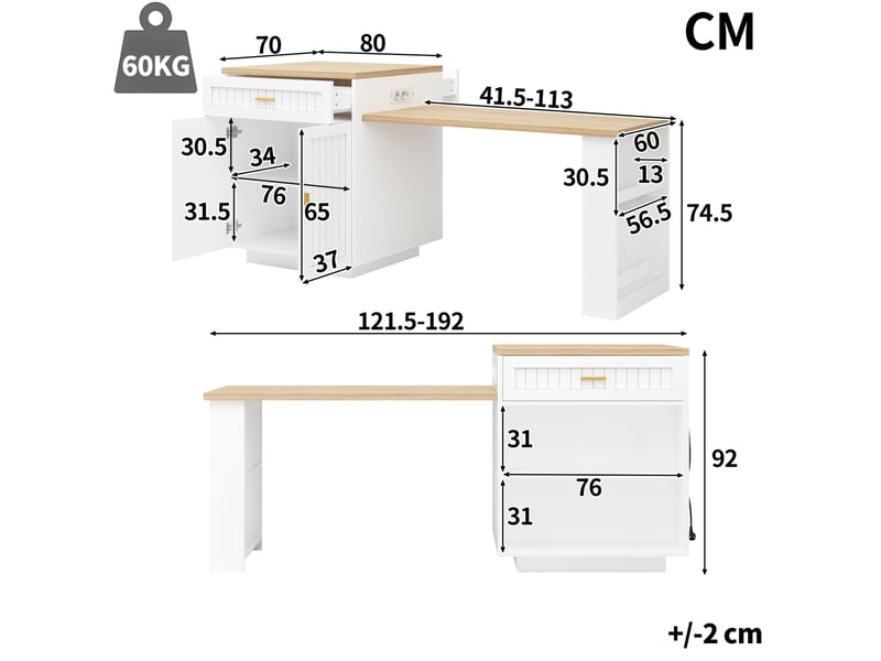  Desserte de cuisine extensible avec 1 tiroir, portes et étagères réglables, prise intégrée pour cuisine 121,5 × 70 × 92 cm  - Conforama D