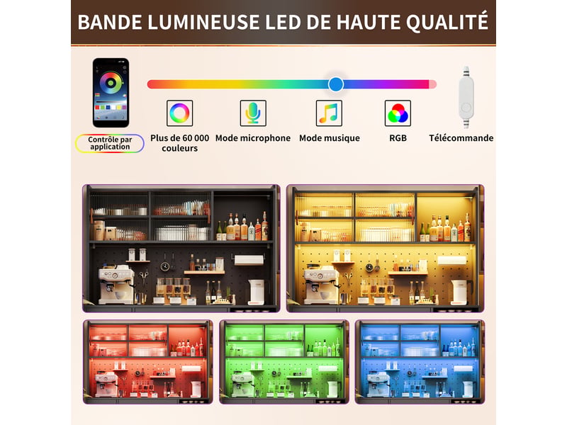 Buffet de cuisine avec led 145x39x171 cm avec tiroirs, porte coulissante, meuble de salon, meuble de cuisine, mdf, noir  - Conforama R
