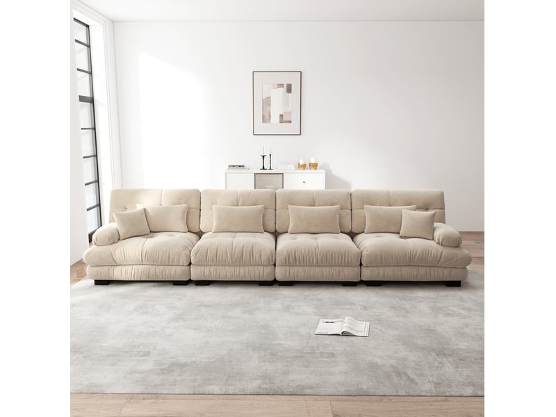  Canapé d'angle modulaire 4 places 406x77x81 cm siège profond chenille beige clair  - Conforama B