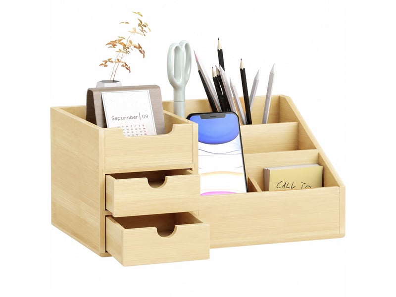  Boite de rangement de bureau - organiseur de bureau - 7 compartiments, bambou, 2 tiroirs - bambou verni  - Conforama B