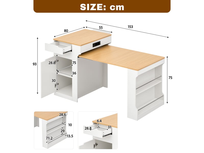  Ilot central de cuisine - 80x55x153cm - desserte extensible avec table, prises, étagères et roulettes - blanc et bois  - Conforama E