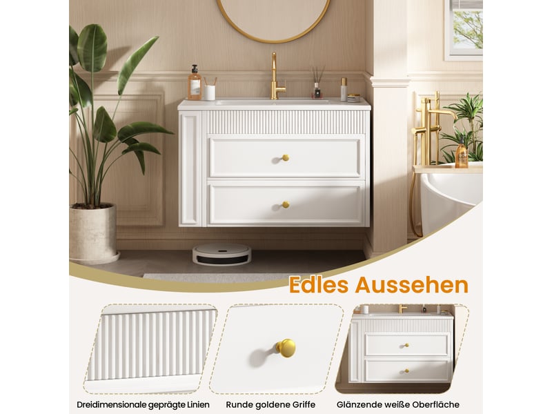  Meuble sous-vasque suspendu avec vasque céramique et 2 tiroirs blanc 81 cm  - Conforama D