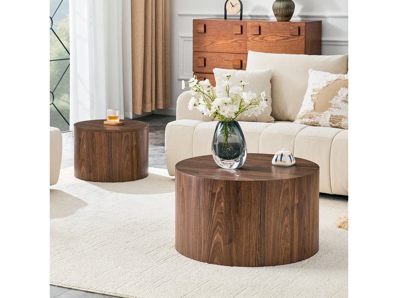  Lot de 2 tables basses gigognes rondes avec rangement, couvercle amovible, mdf aspect bois, ø 62,8 cm  - Conforama D