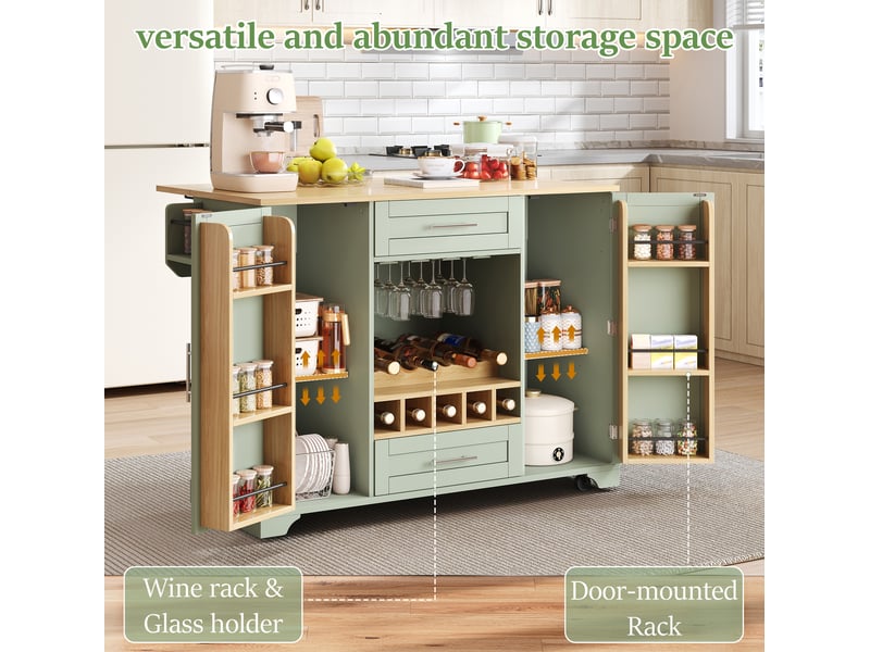  Desserte de cuisine 138 x 45 à 70 x 92 cm vert antique en mdf, plan de travail rabattable et rangement  - Conforama E
