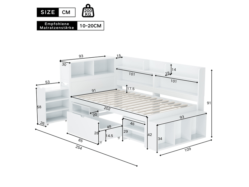  Modenvie lit enfant 90x200 cm - avec rangements et bibliotheque, sommier inclus, sans matelas - blanc  - Conforama C