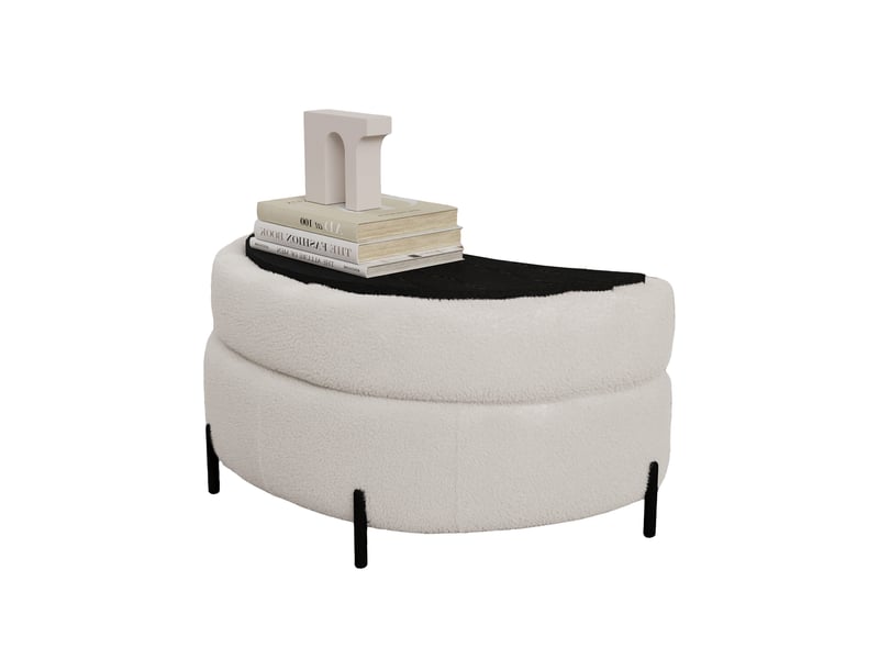 Pouf demi-lune en tissu bouclette ivoire avec plateau, siège rembourré et repose-pieds - Conforama D